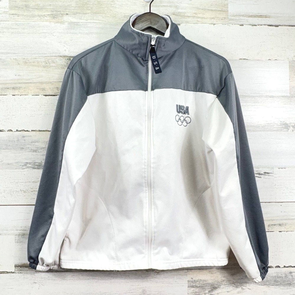 USA Olympic Committee Track Jacket‎ Medium Gray White Full Zip Fleece USA Made